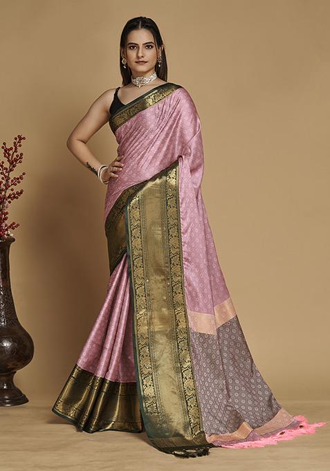 Pink Zari Woven Silk Saree Set