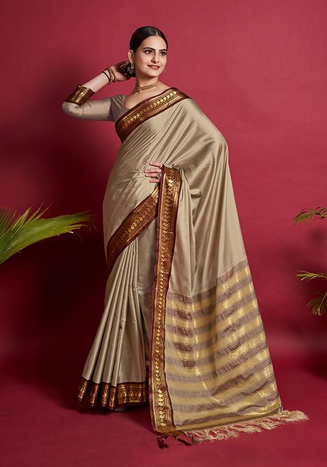 Cream Zari Woven Silk Saree Set