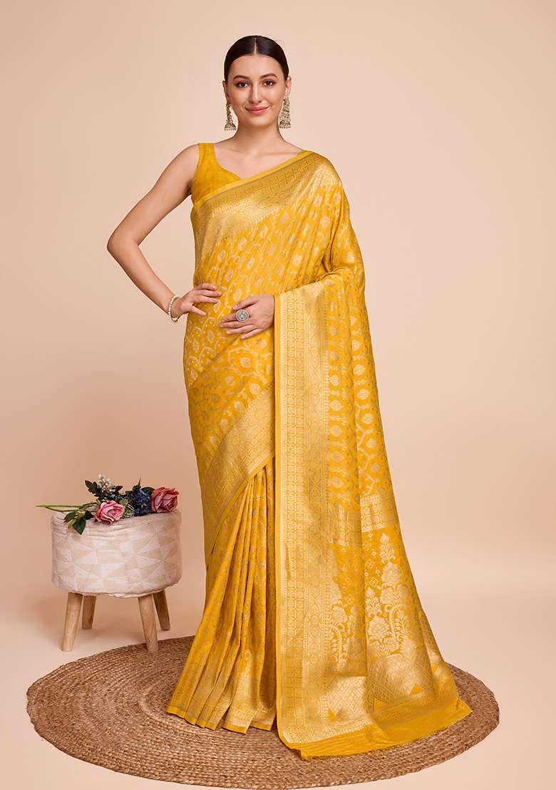 Yellow Zari Woven Silk Saree Set for Diwali | Wedding & Festive Wear - Indya