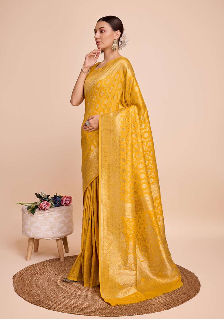 Yellow Zari Woven Silk Saree Set for Diwali | Wedding & Festive Wear - Indya