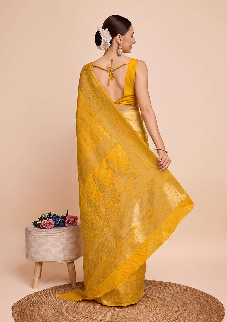 Yellow Zari Woven Silk Saree Set for Diwali | Wedding & Festive Wear - Indya
