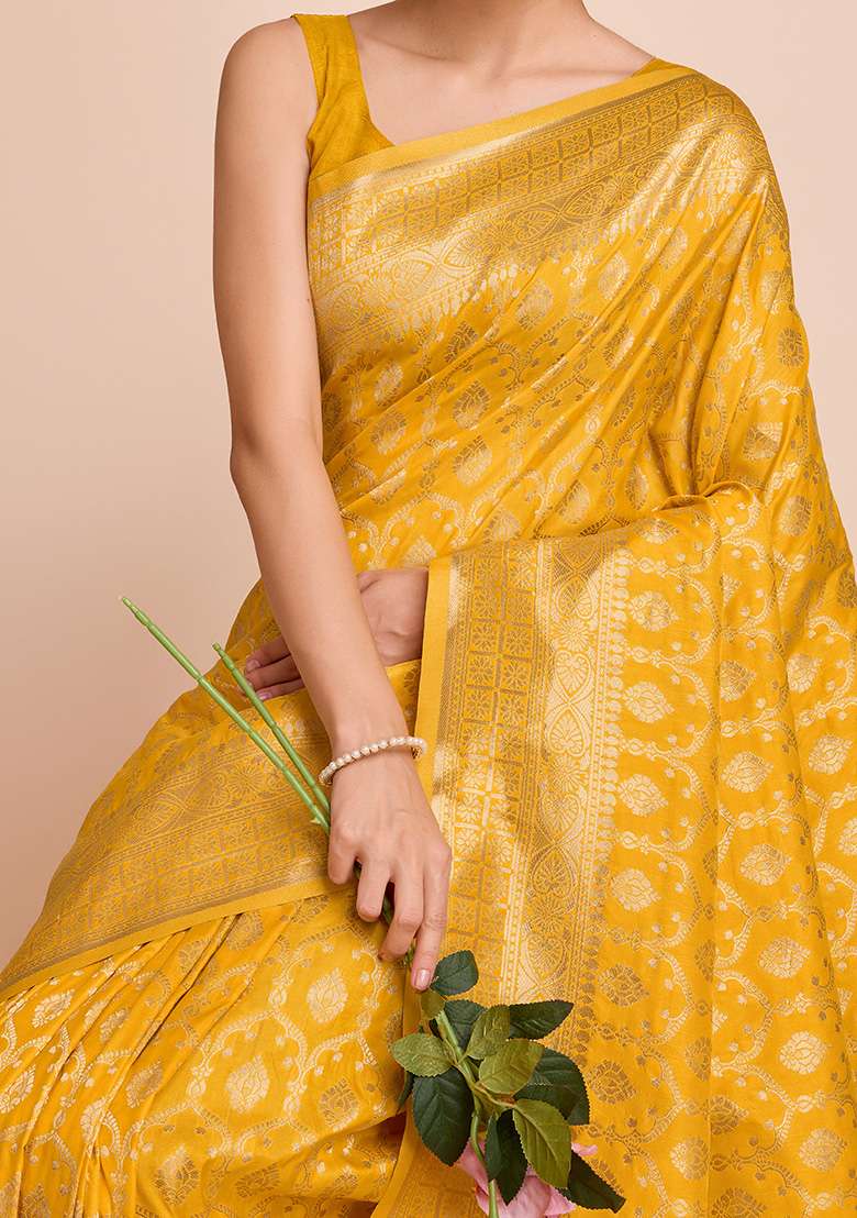 Yellow Zari Woven Silk Saree Set for Diwali | Wedding & Festive Wear - Indya
