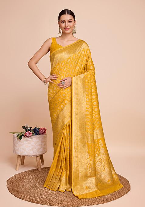 Yellow Zari Woven Silk Saree Set