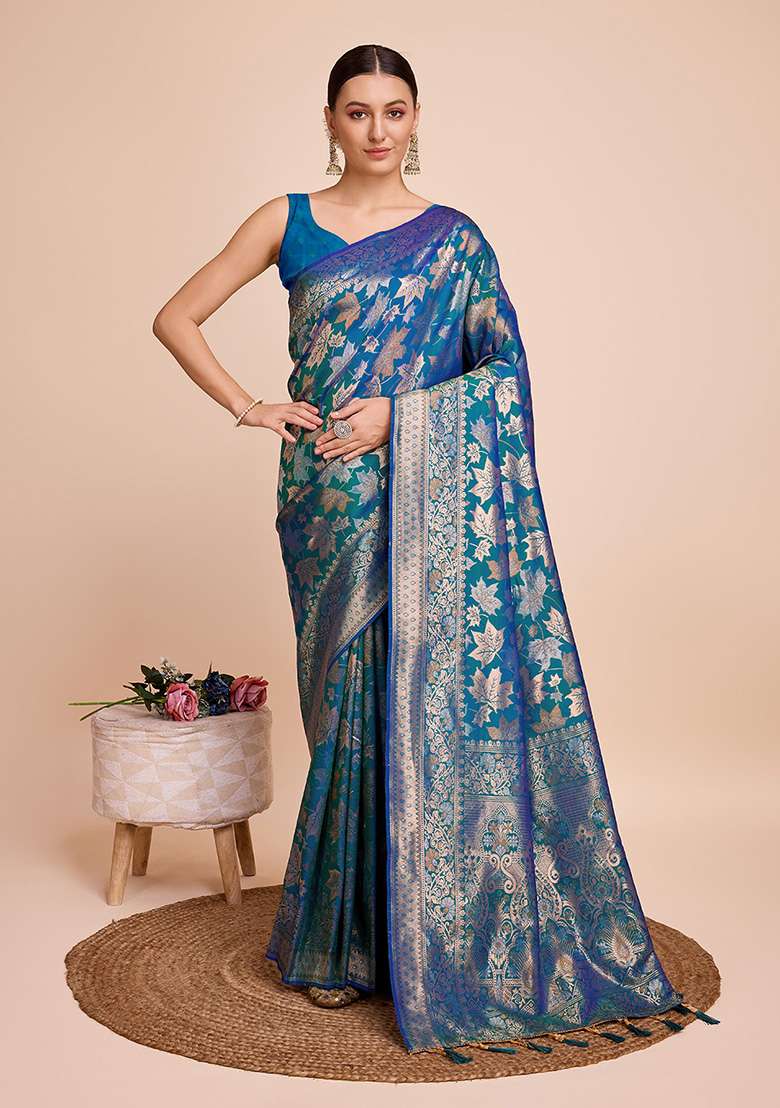 Teal Blue Zari Woven Silk Saree Set for Diwali | Wedding & Festive Wear - Indya