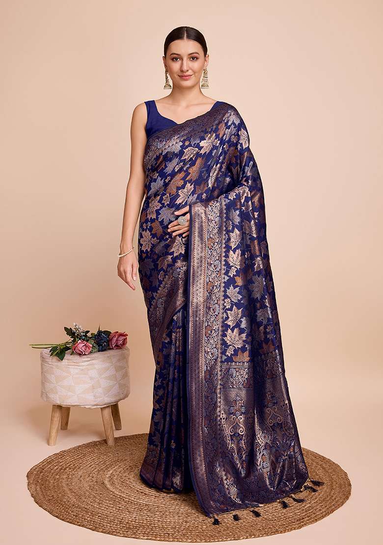 Blue Zari Woven Silk Saree Set for Diwali and Festive Wear - Indya