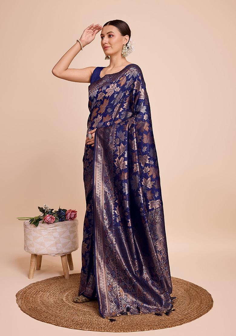 Blue Zari Woven Silk Saree Set - Indya
