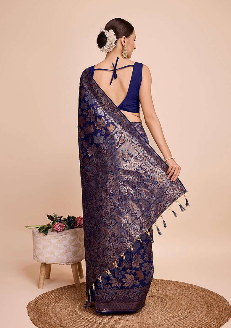 Blue Zari Woven Silk Saree Set for Diwali and Festive Wear - Indya