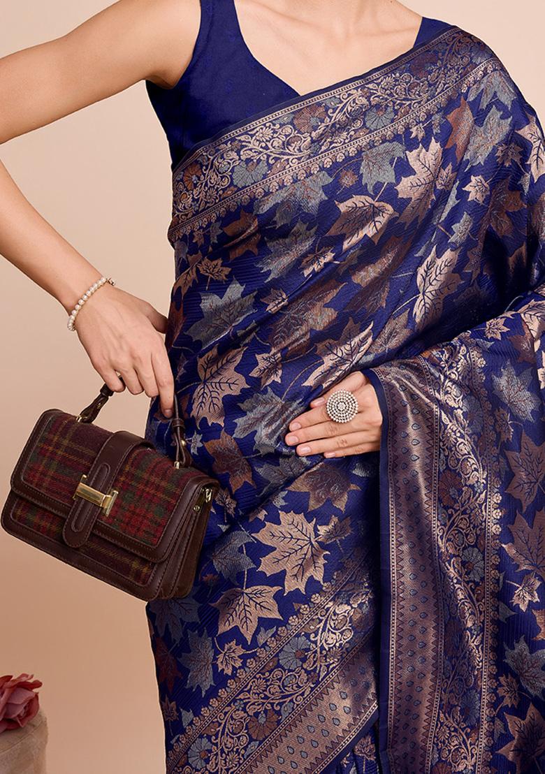 Blue Zari Woven Silk Saree Set - Indya