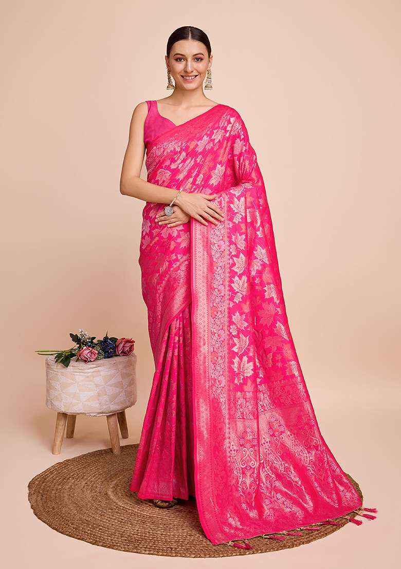 Pink Zari Woven Silk Saree Set for Diwali and Festive Wear - Indya