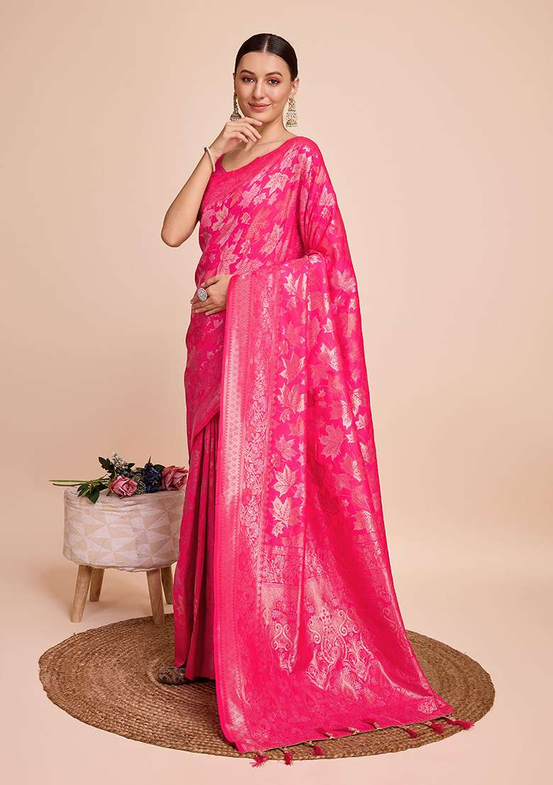 Pink Zari Woven Silk Saree Set for Diwali and Festive Wear - Indya