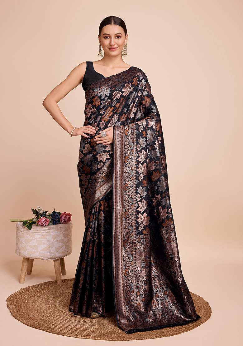 Black Zari Woven Silk Saree Set for Diwali | Wedding & Festive Wear - Indya