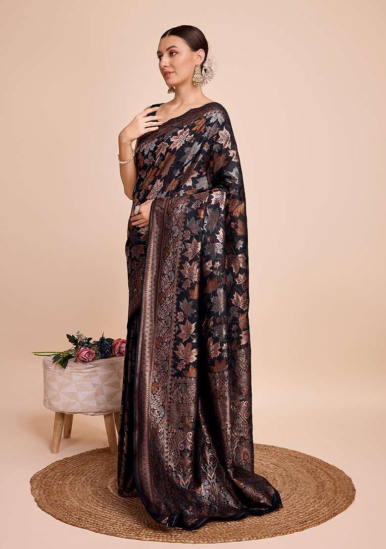Black Zari Woven Silk Saree Set for Diwali | Wedding & Festive Wear - Indya