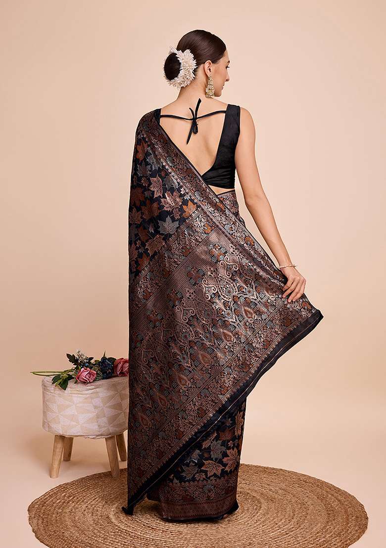 Black Zari Woven Silk Saree Set for Diwali | Wedding & Festive Wear - Indya