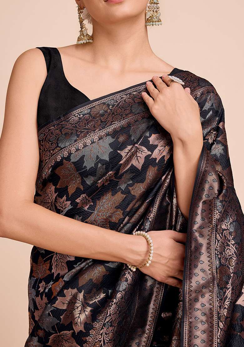 Black Zari Woven Silk Saree Set for Diwali | Wedding & Festive Wear - Indya
