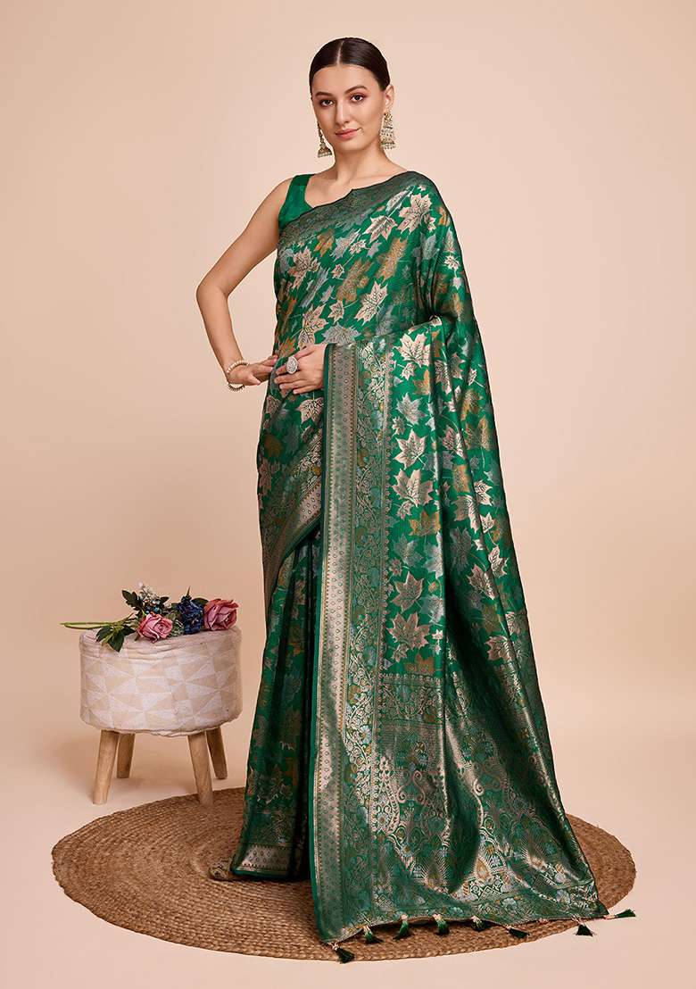 Green Zari Woven Silk Saree Set for Diwali and Festive Wear - Indya