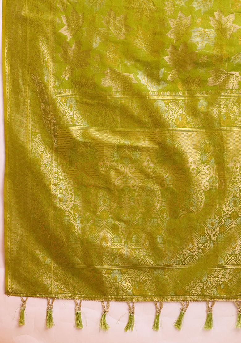 Parrot Green Zari Woven Silk Saree Set