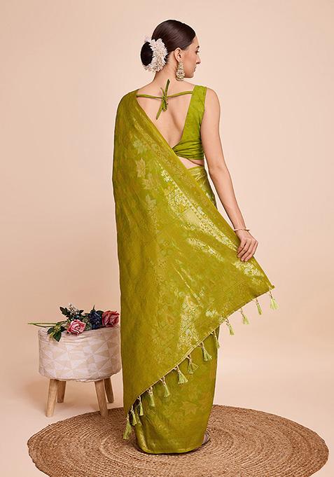 Parrot Green Zari Woven Silk Saree Set