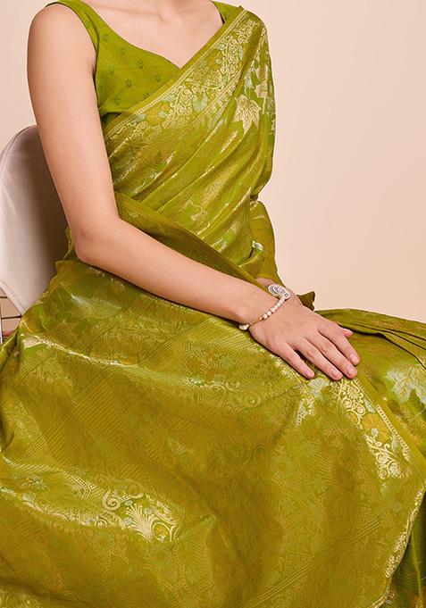 Parrot Green Zari Woven Silk Saree Set