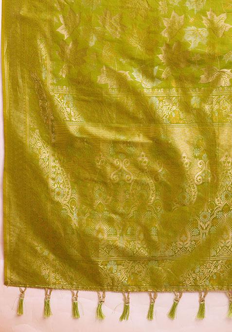 Parrot Green Zari Woven Silk Saree Set