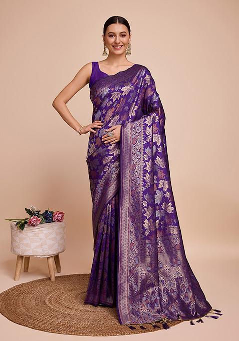 Purple Zari Woven Silk Saree Set