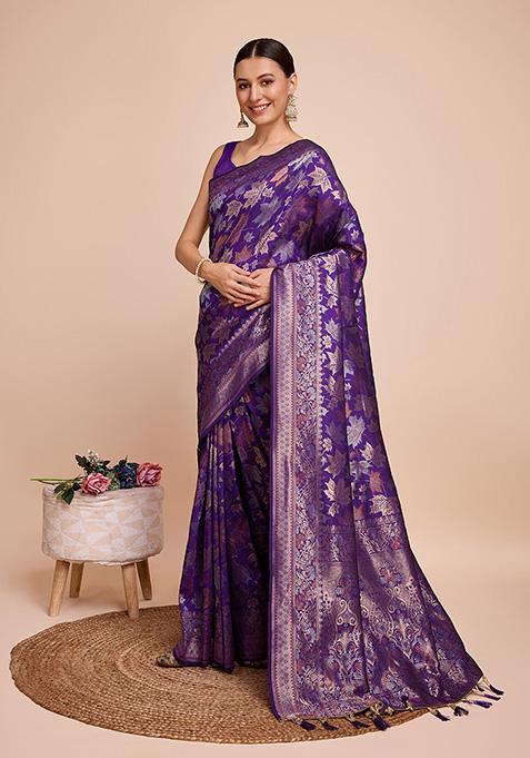 Purple Zari Woven Silk Saree Set