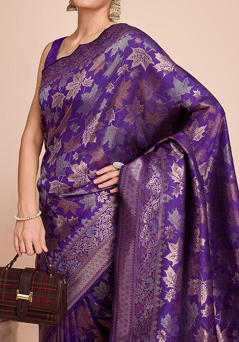 Purple Zari Woven Silk Saree Set