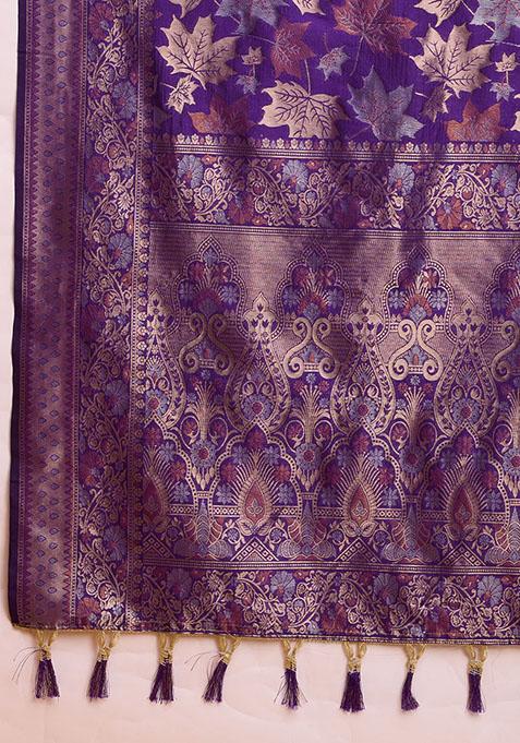 Purple Zari Woven Silk Saree Set