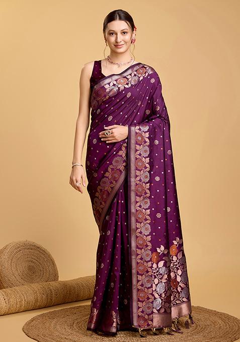 Lavender Zari Woven Jacquard Saree Set