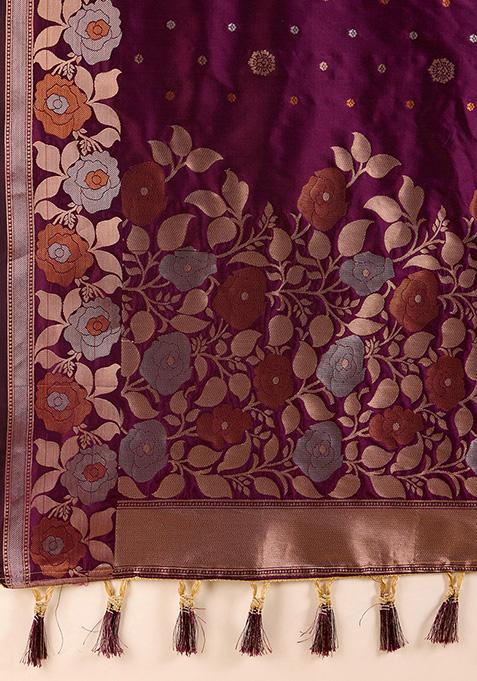 Lavender Zari Woven Jacquard Saree Set