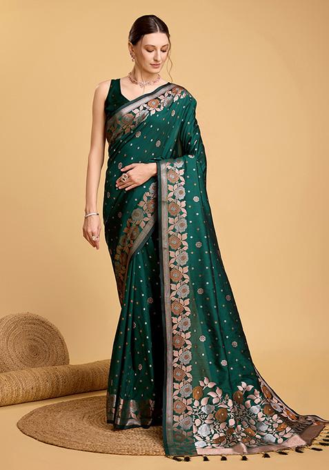 Green Zari Woven Jacquard Saree Set