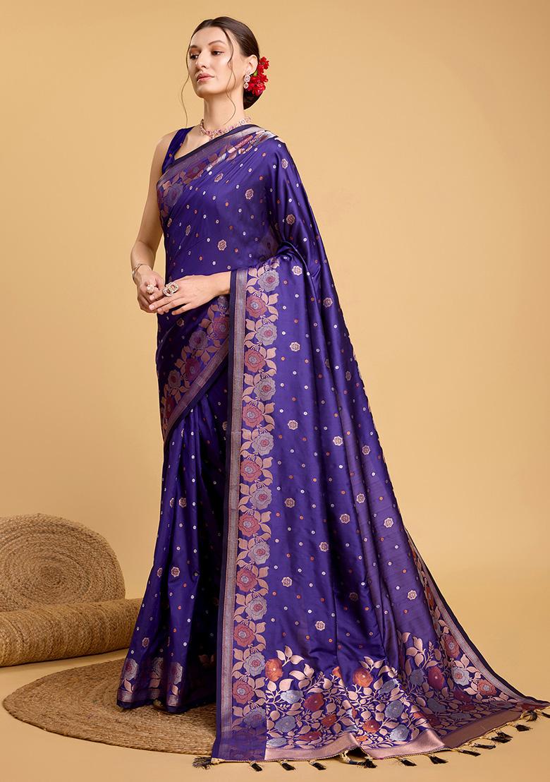 Blue Zari Woven Jacquard Saree Set