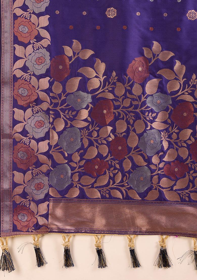 Blue Zari Woven Jacquard Saree Set