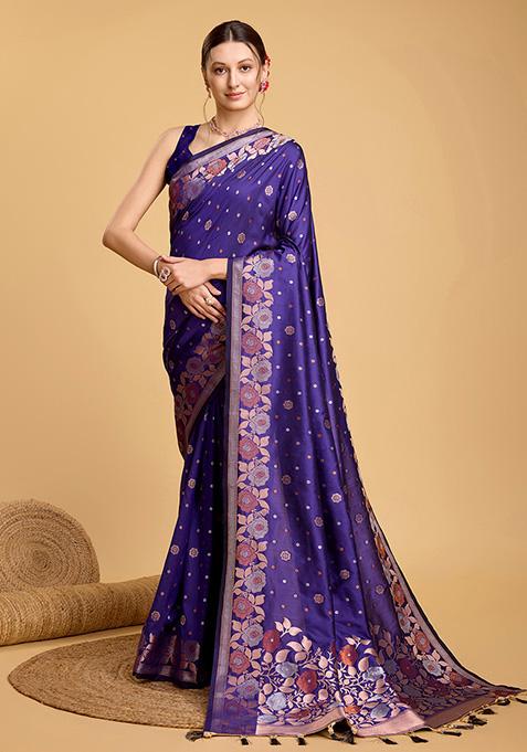 Blue Zari Woven Jacquard Saree Set