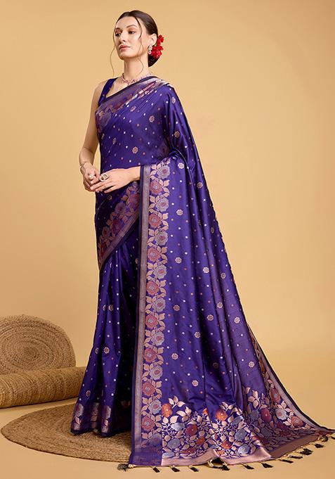 Blue Zari Woven Jacquard Saree Set
