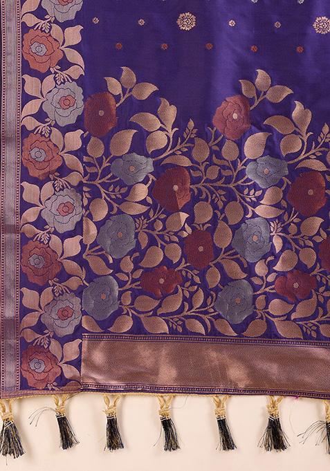 Blue Zari Woven Jacquard Saree Set