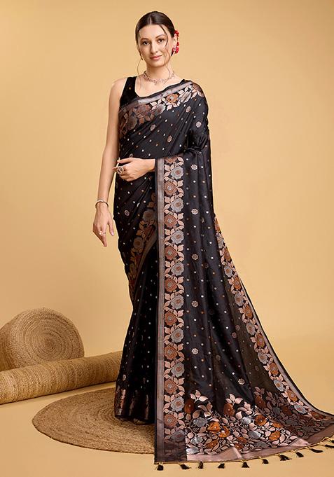 Black Zari Woven Jacquard Saree Set