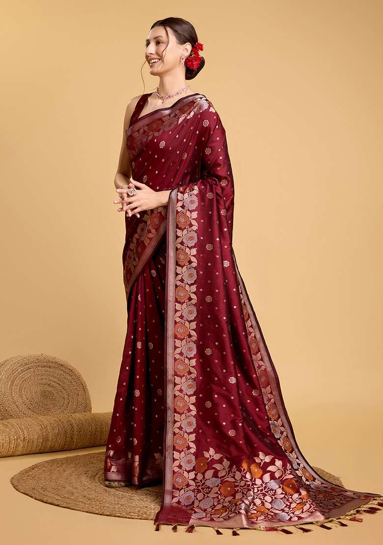 Maroon Zari Woven Jacquard Saree Set for Diwali and Festive Wear - Indya