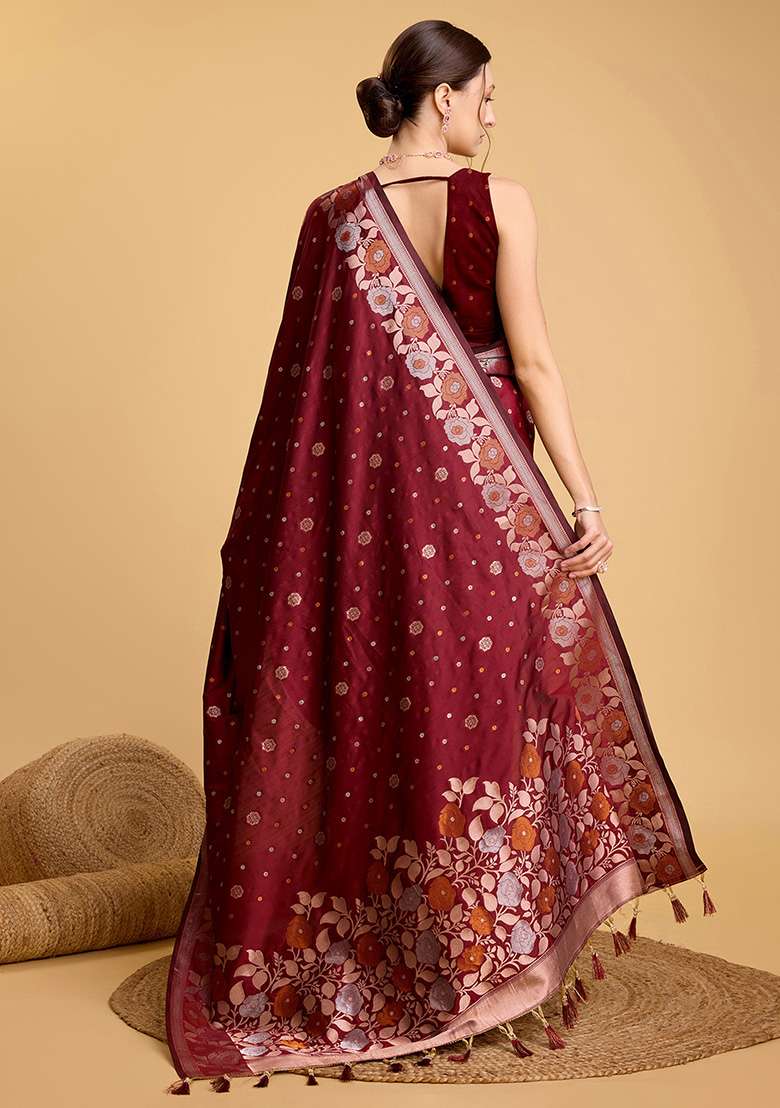 Maroon Zari Woven Jacquard Saree Set for Diwali and Festive Wear - Indya