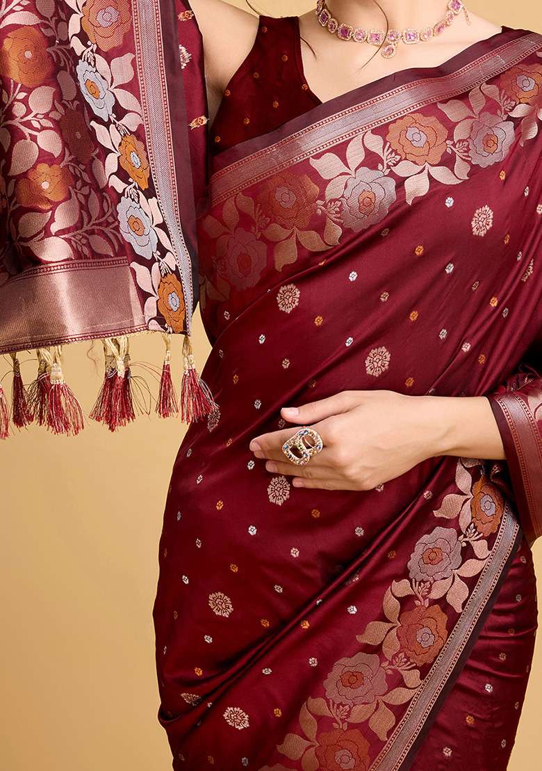 Maroon Zari Woven Jacquard Saree Set for Diwali and Festive Wear - Indya