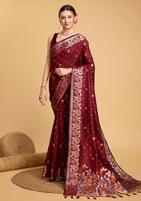 Maroon Zari Woven Jacquard Saree Set