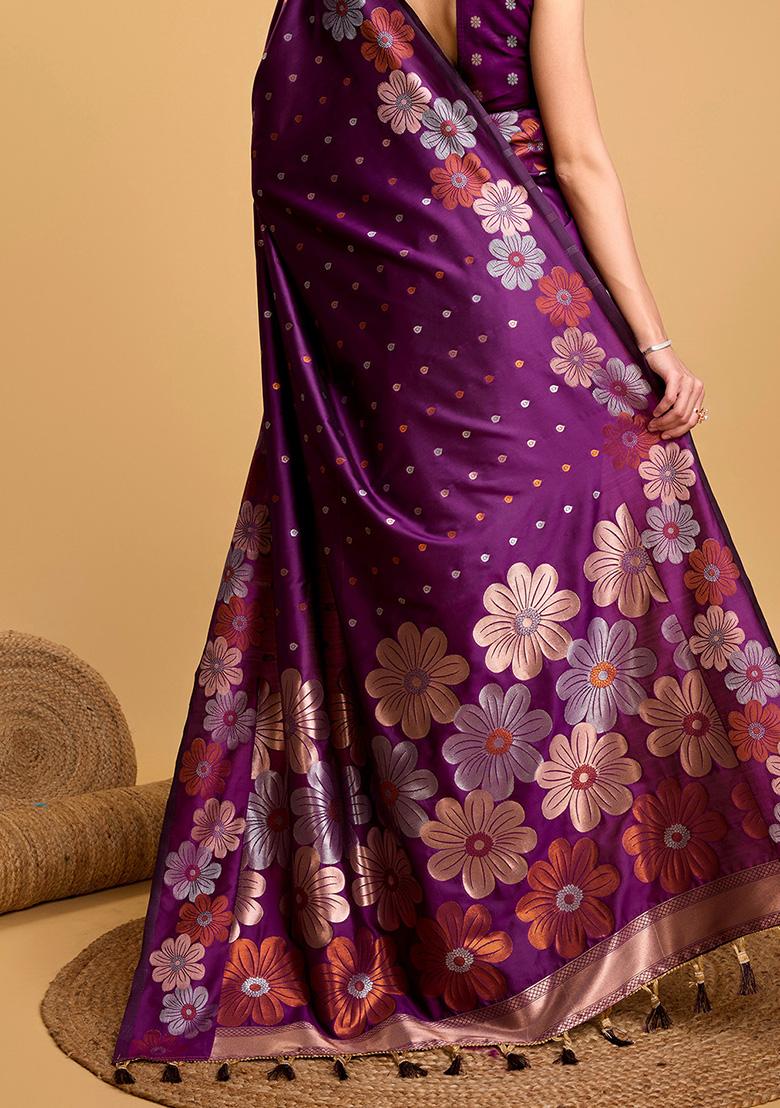 Lavender Zari Woven Jacquard Saree Set