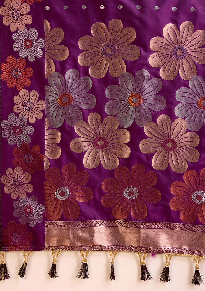 Lavender Zari Woven Jacquard Saree Set