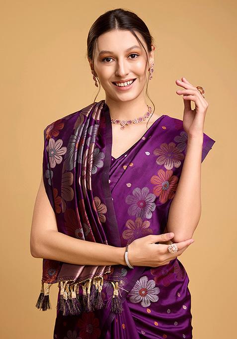 Lavender Zari Woven Jacquard Saree Set