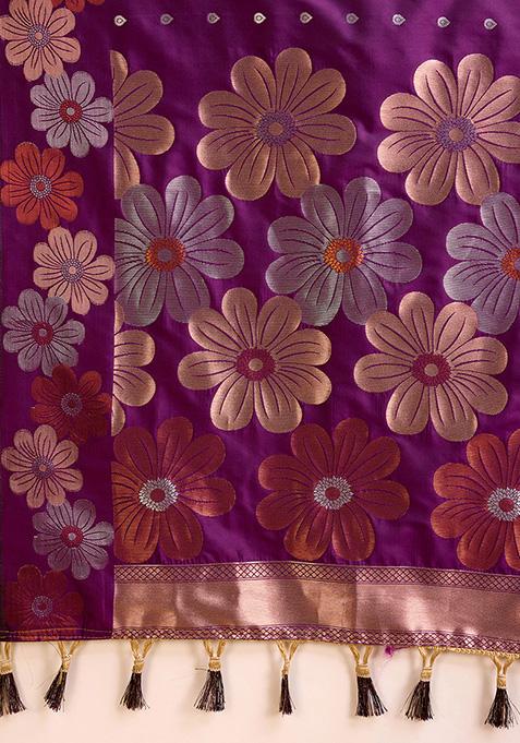 Lavender Zari Woven Jacquard Saree Set