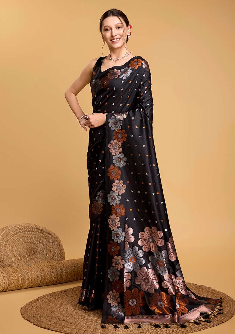 Black Zari Woven Jacquard Saree Set for Diwali and Festive Wear - Indya