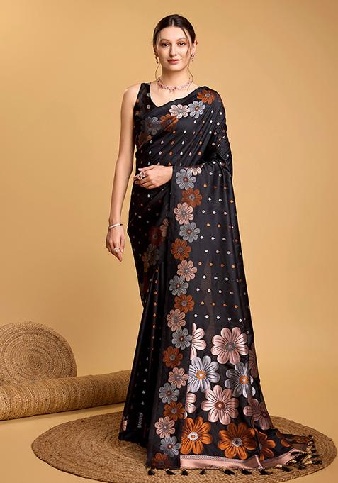 Black Zari Woven Jacquard Saree Set