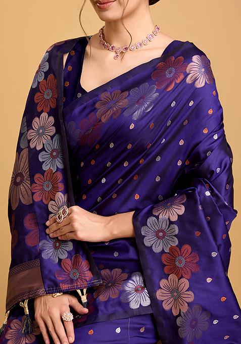Blue Zari Woven Jacquard Saree Set
