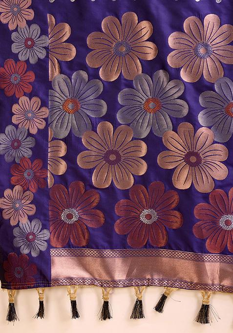 Blue Zari Woven Jacquard Saree Set