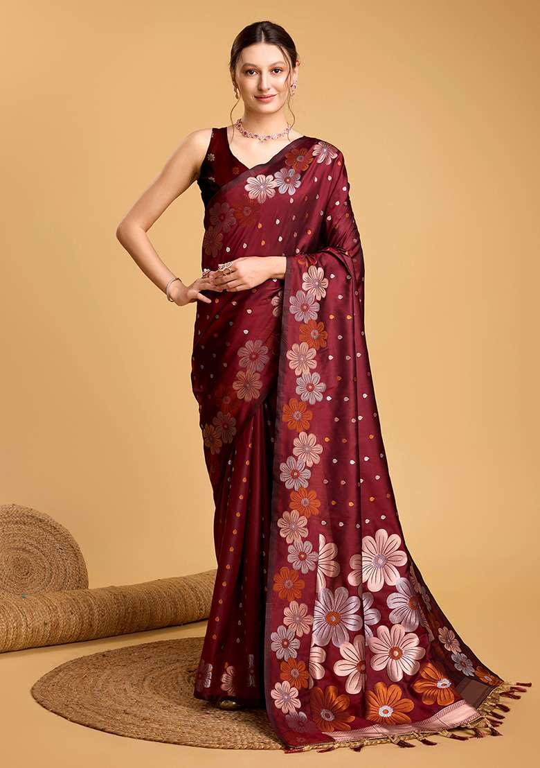 Maroon Zari Woven Jacquard Saree Set for Diwali | Wedding & Festive Wear - Indya