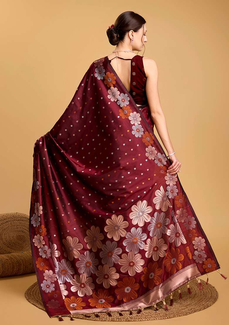 Maroon Zari Woven Jacquard Saree Set for Diwali | Wedding & Festive Wear - Indya